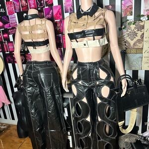 Stylish Black and Tan Cutout Pants and Crop Top Set